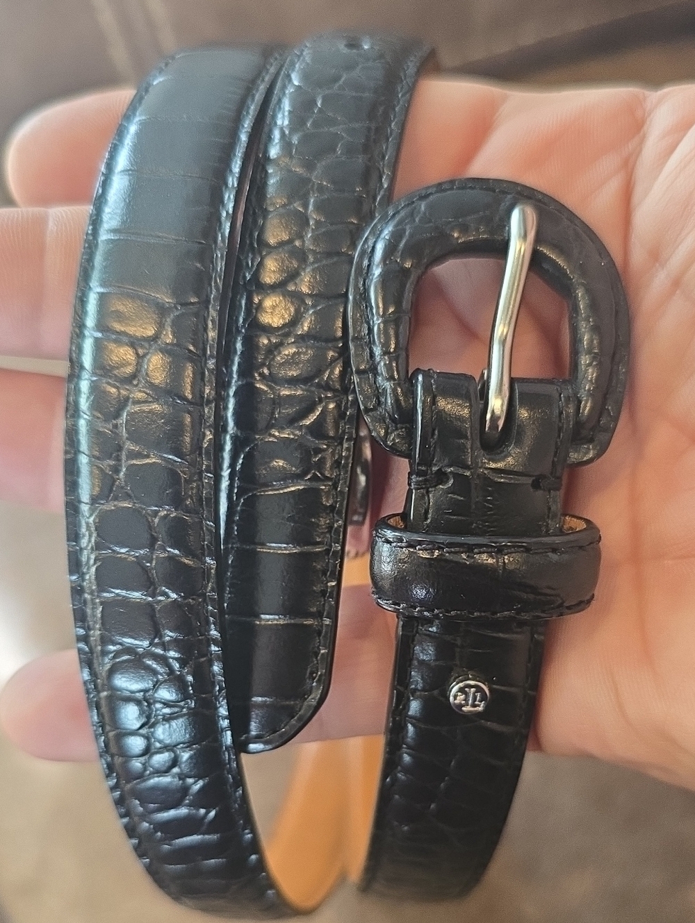 LRL Lauren Ralph Lauren Black Croc-Embossed Leather Belt